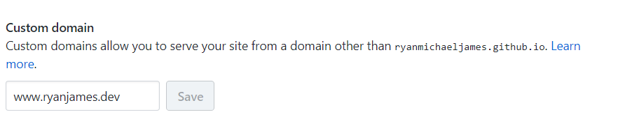 Screenshot of the GitHub Pages custom domain field