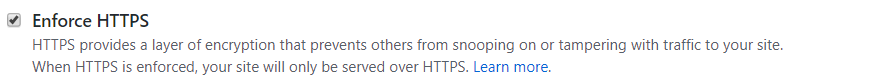 Screenshot of the GitHub Pages enforce HTTPs field