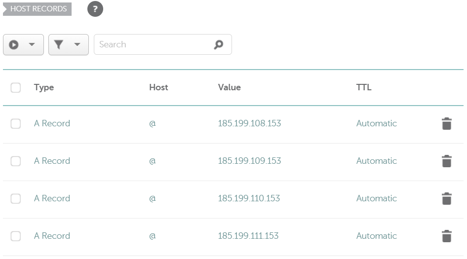 Screenshot of the A records