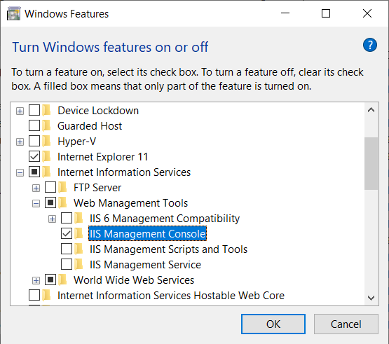 Screenshot of the Turn Windows features on or off dialog