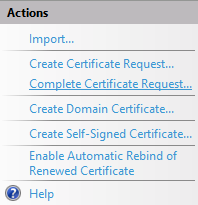Screenshot of the Complete Certificate Request link on Actions bar
