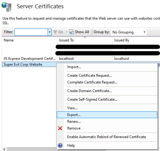 Screenshot of the server certificates