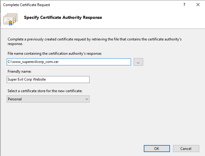 Screenshot of the Specify Certificate Authority Response