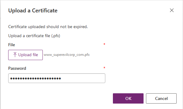 Screenshot of the Upload a Certificate dialog