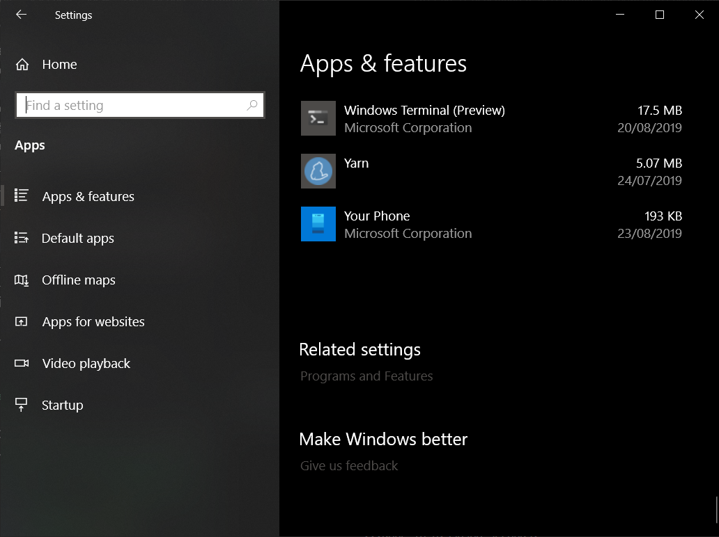 Screenshot of Windows Settings Apps & features