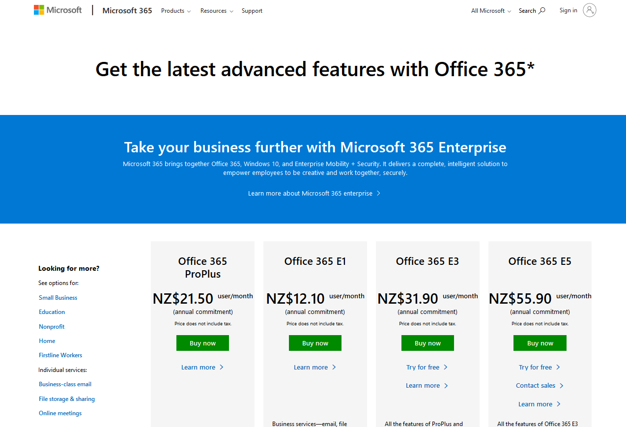 Screenshot of the Office 365 E5 plan.