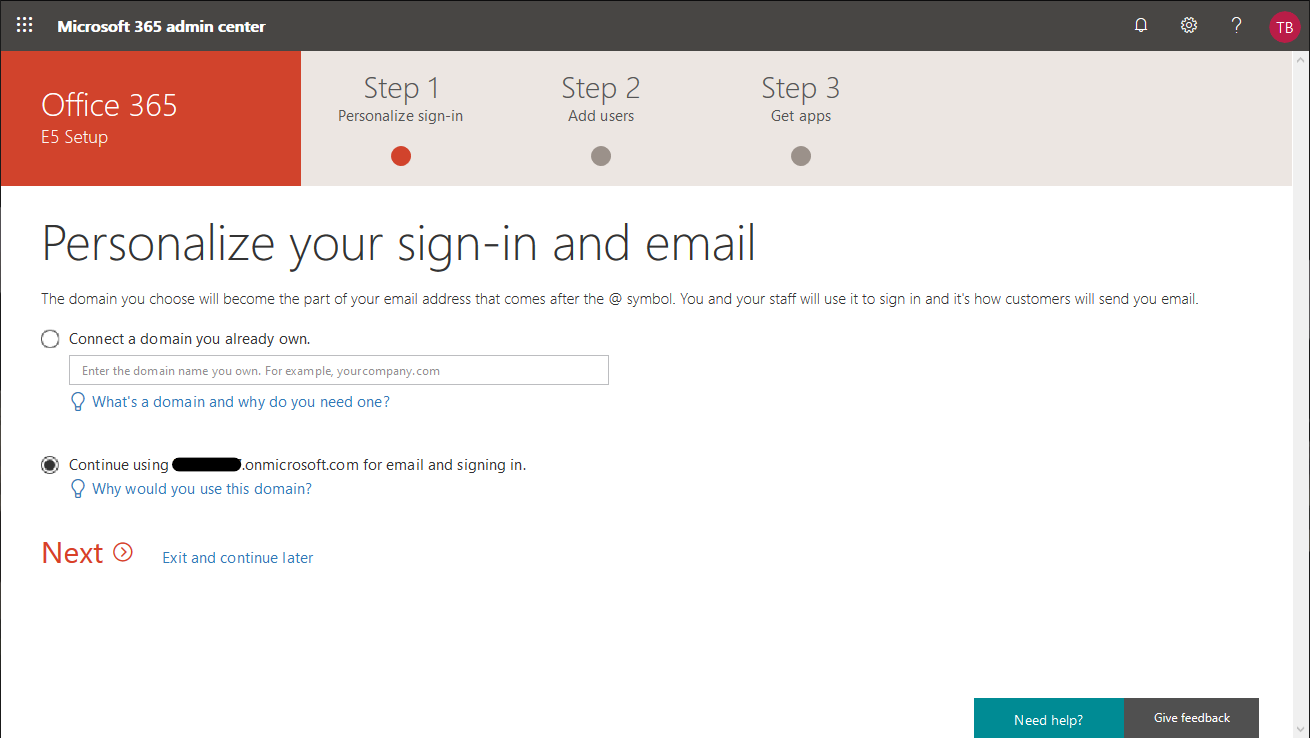 Screenshot of the Office 365 setup.