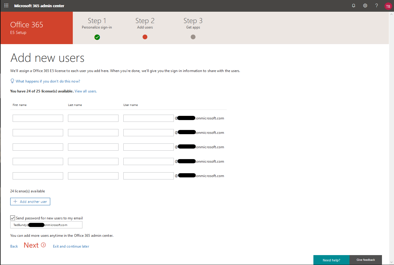 Screenshot of the Office 365 setup.