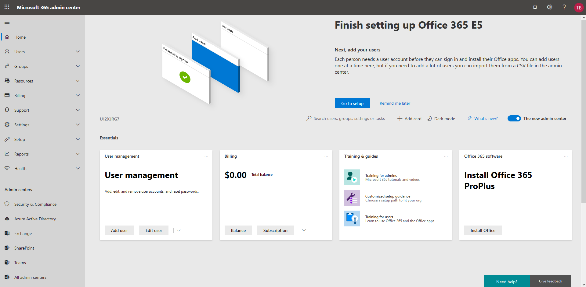 Screenshot of the Office 365 setup.