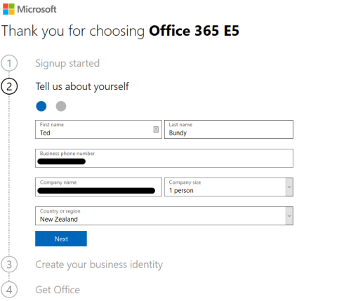 Screenshot of the Office 365 E5 trial signup process.