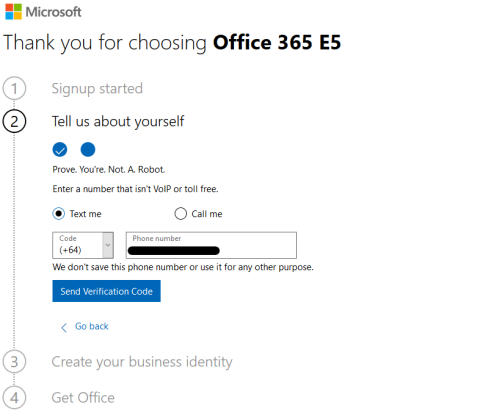 Screenshot of the Office 365 E5 trial signup process.