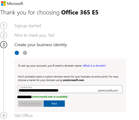 Screenshot of the Office 365 E5 trial signup process.