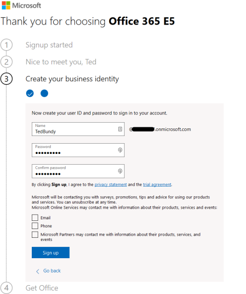 Screenshot of the Office 365 E5 trial signup process.