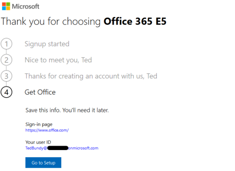 Screenshot of the Office 365 E5 trial signup process.