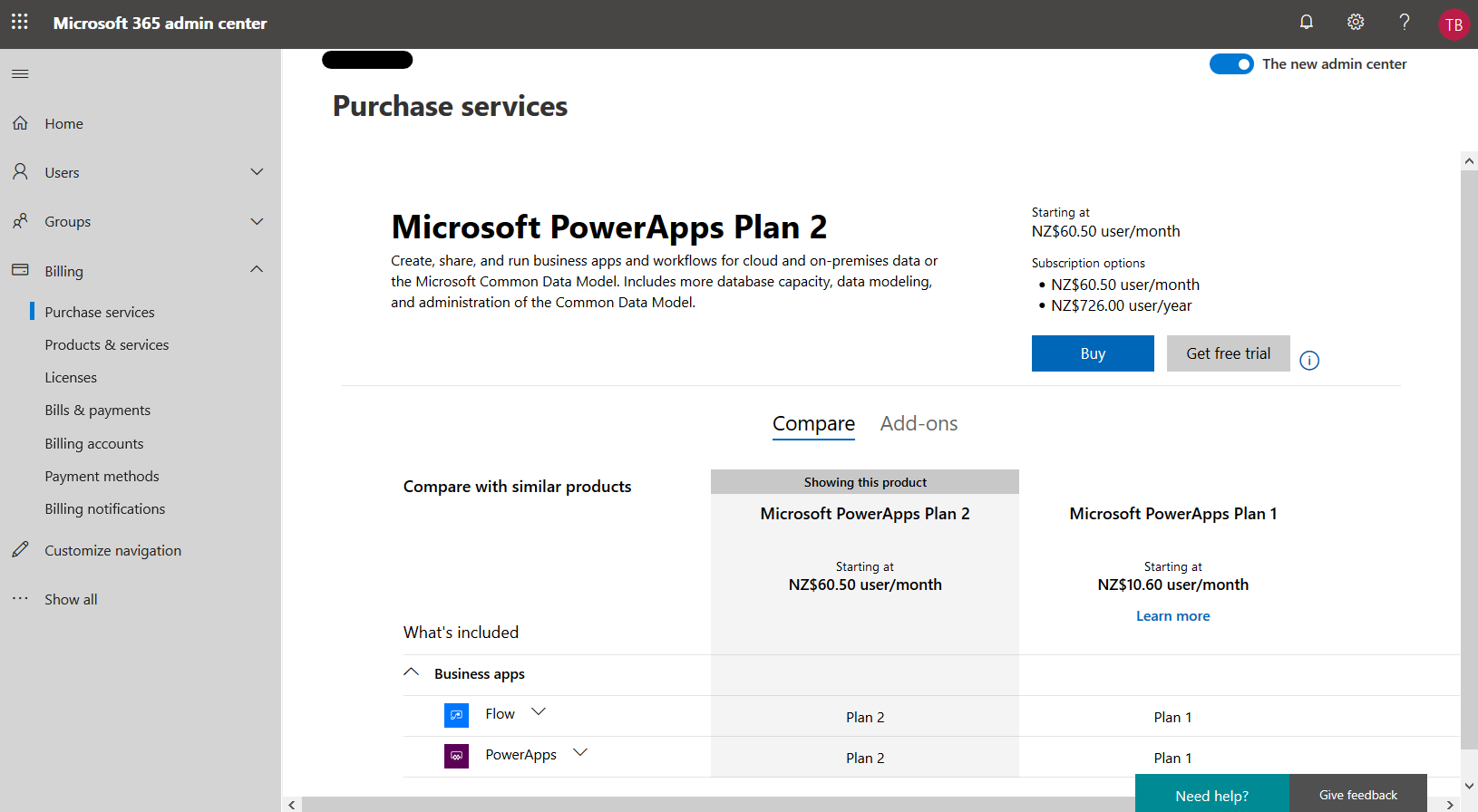 Screenshot of PowerApps trial signup process.