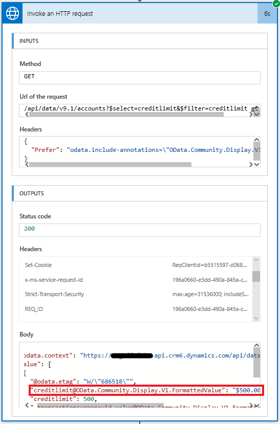 Screenshot of successful Invoke an HTTP request action