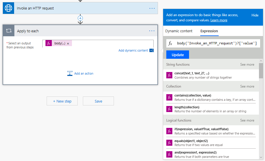 Screenshot of expression to get response results to iterate over