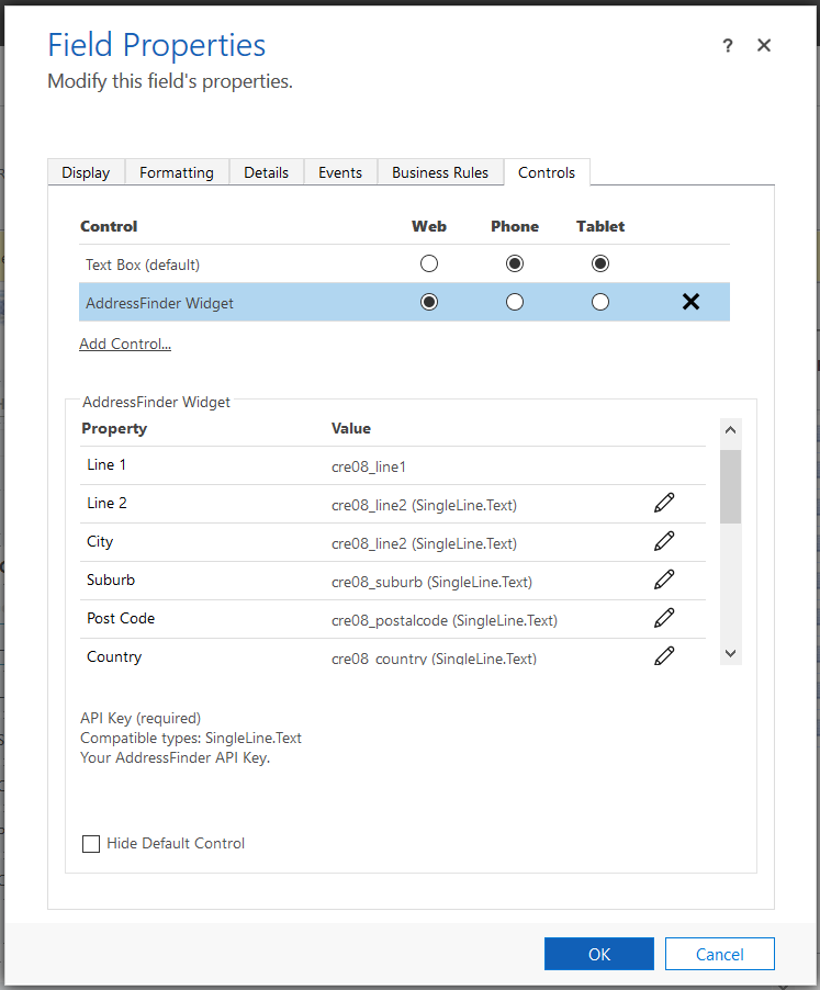 Screenshot of control setup