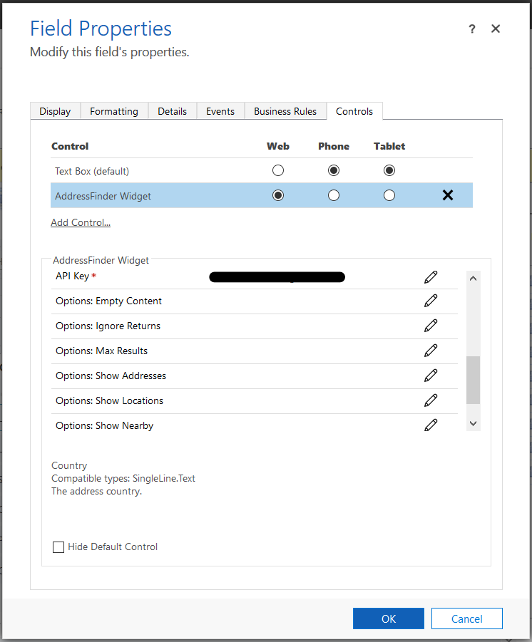 Screenshot of control setup